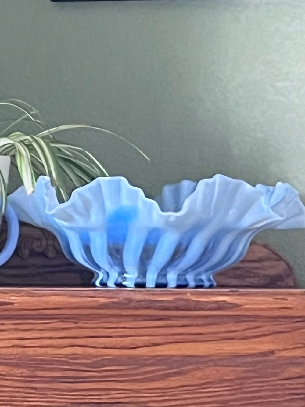 Vintage Fenton Provincial Blue Rib Optic Opalescent Bride’s Bowl Double Ruffle
